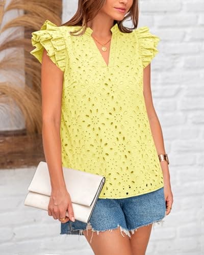BTFBM Spring Summer Tops for Women 2026 Dressy Casual V Neck Ruffle Cap Sleeve Embroidered Eyelet Blouses Resort Wear view 4