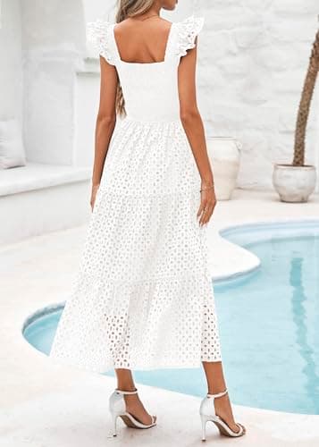 Lazysmile Womens Summer Maxi Dress Square Neck Ruffle Cap Sleeve Hollow Out Eyelet Smocked Tiered A Line Boho Sundress view 2