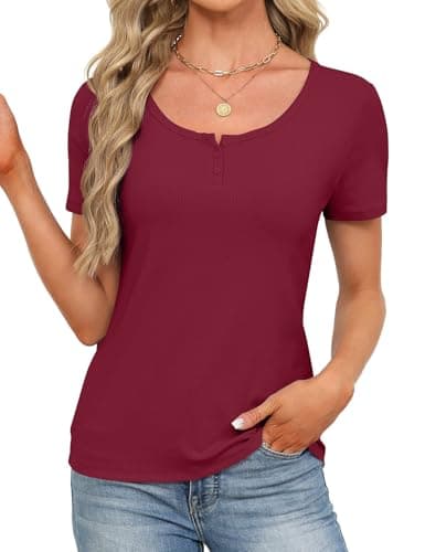JUSTFASHIONNOW Womens Short Sleeve Tops Stretchy Henley Scoop Neck Fitted Casual Basic Ribbed T-Shirts 2026 Summer Trendy view 4