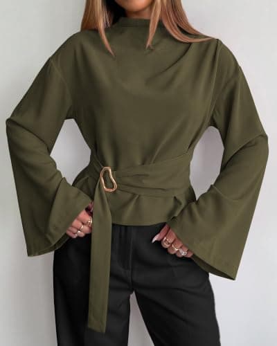 BTFBM Women Business Casual Blouses Bell Long Sleeve Tie Waist Top view 4