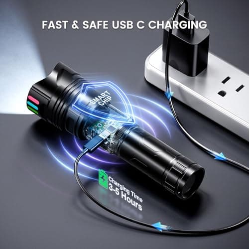 Super Bright Flashlight 100000 High Lumens Rechargeable,Powerful Long Distance 3280ft Strong LED Flash Lights,Long Lasting 10H LCD Digital USB Discharging Function,Focus & Brightness Adjustable view 4