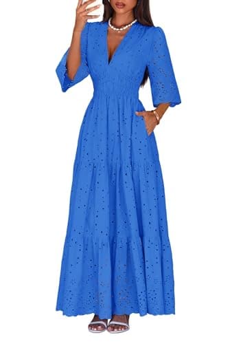Lazysmile Long Sleeve Dresses for Women V Neck Hollow Out Eyelet Ruffle Swing A-Line Fall Vacation Boho Maxi Dress — image 1
