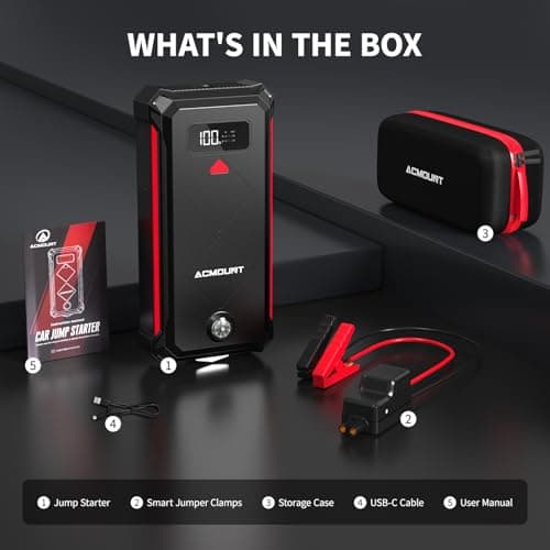 ACMOUNT P100 5000A Car Battery Jump Starter for 10.0L Gas/8.0L Diesel | 12V Portable Jump Box with Jumper Cables, Power Bank, 600LM LED Flashlight, Safety Hammer & Compass view 5