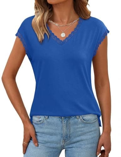 JUSTFASHIONNOW Lace Blouse Soft Cap Sleeve Tops for Women Summer V Neck Tank Tops Dressy Casual Shirts Trendy Clothes view 2
