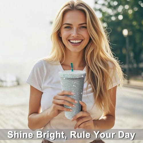 26oz Bling Rhinestone Studded Tumbler with Lid and Straws, Bling Cups Stainless Steel Water Bottle Diamond Glitter Tumbler for Women - Birthday Gifts for Women, Mom,Get Well Soon Gifts (Shiny) view 2