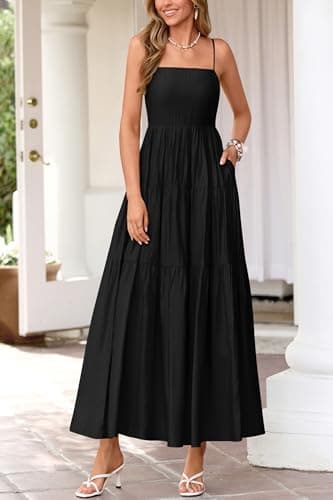 Okiwam Women's Summer Dress 2026 Casual Boho Sleeveless Spaghetti Strap Smocked Maxi Dress Ruffle Long Beach Sundresses view 4