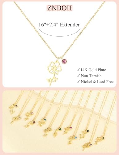 ZNBOH Birthstone Flower Necklace for Women 14k Gold Plated Dainty Necklace Trendy Pendant Necklace Simple Cute Choker Necklace Non Tarnish Emerald Blue Green Birthday Gifts for Women Jewelry view 4
