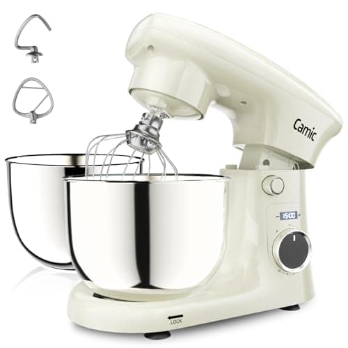 Camic Stand Mixer, 4.2QT+5.3QT Two bowls Electric Food Mixer, 10 Speeds with Digital setting 3-IN-1 Kitchen Mixer for Baking Cakes Cookie Bread Salad with Egg Whisk,Dough Hook,Flat Beater (White) view 1