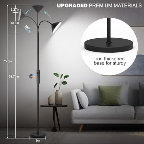 mukuxin 76" LED Floor Lamp, 18W/1800LM Super Bright Reading Standing Lamp,Stepless Dimmable&Adjustable Color Temperature 2700K-6500K w/Remote& Touch Control Lamps for Living Room Bedroom Office Black view 2
