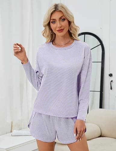 JUSTFASHIONNOW Womens Pajama Sets Striped Two Piece Lounge Sets Long Sleeve Top and Split Shorts Print Sleepwear Comfy Pjs view 4