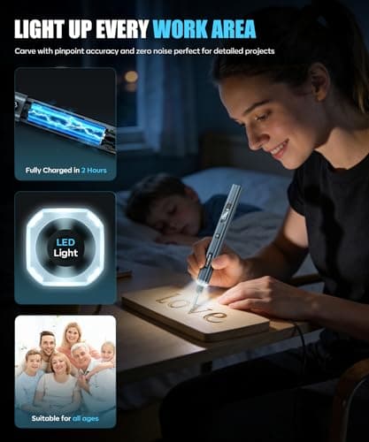 Vanlgs Engraving Pen for Metal Wood Glass Plastic, Engraving Tool with LED Light, 31 Bits, Cordless, 5 Speeds, Rechargeable, Engraver Kit Craft Gifts for for Teens Adults Beginner (Metallic Grey) view 4