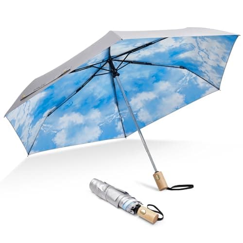 G4Free UPF 50+ UV Protection Travel Umbrella with Wooden Handle, 42 Inch Lightweight Sun Rain Folding Umbrellas Auto Open Close (Sky) — image 1