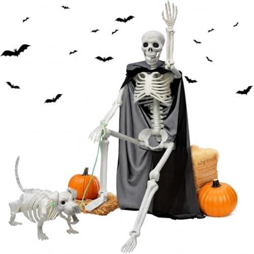 Halloween Decorations Outdoor 36 Inch Realistic Posable Skeleton With Dog | 3ft Full Body Posable Skeleton Plastic Bones Movable Joints Halloween Party Yard Haunted House Props Indoor Decor — image 1