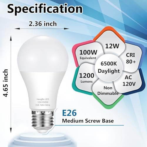 A19 LED Light Bulbs 100 Watt Equivalent, HengBo 6500K Daylight White Light Bulb, 12W 1200 Lumens, Non-Dimmable, E26 Standard Medium Base Super Bright Lamp for Bathroom Home Lighting (Pack of 4) view 2