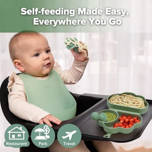 haakaa Cloud Crew Silicone Travel Baby Feeding Set with Foldable Suction Baby Plate, Silicone Bib, Baby Spoon and Fork, Waterproof Travel Bag, 6M+ view 3