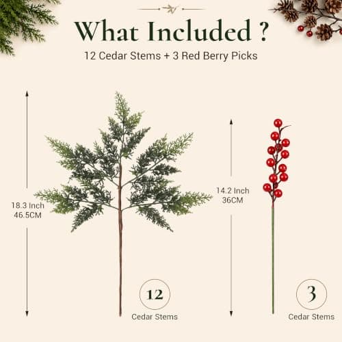 12 Artificial Christmas Cedar Branches, 17.5", with 3 Red Berry Picks | Real Touch Pine Stems with Red Berry Accents for Planters, Vases, Wreaths, Garlands, Mantels and Christmas Decor view 2