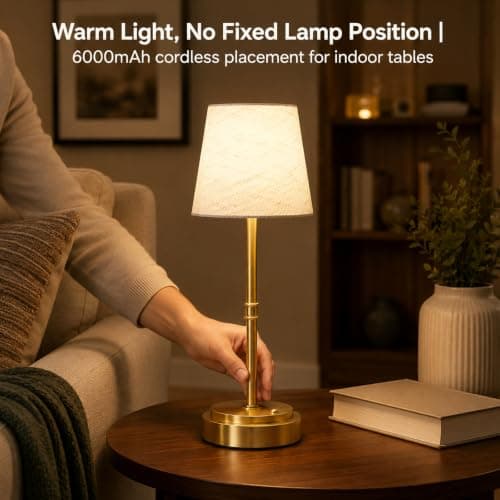 Rechargeable Cordless Table Lamp, Nightstand to End Table,Gold,1 Pack | 6000mAh Battery Operated, 16-Inch Antique Brass Aesthetic, For Kitchen Counter, Bathroom Vanity and Dining Room view 3