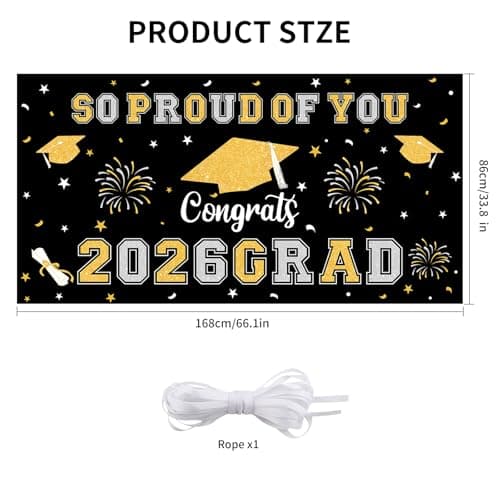 Graduation Decorations 2026 Black Graduation Banner 66.1" x 33.8" Graduation Backdrop Congrats Grad Banner for Outdoor Indoor High School College Class of 2026 Graduation Party Decorations Supplies view 2