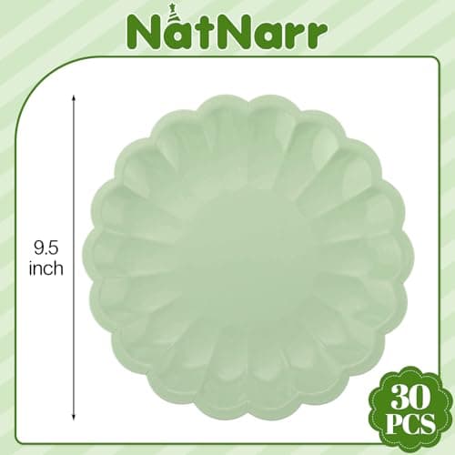 NatNarr 30 Pcs Sage Green Paper Plates 9.5 In Green Plates Disposable Heavy Duty Scalloped Party Plate with Shell Edge for Wedding Birthday Bridal Shower Baby Shower view 3