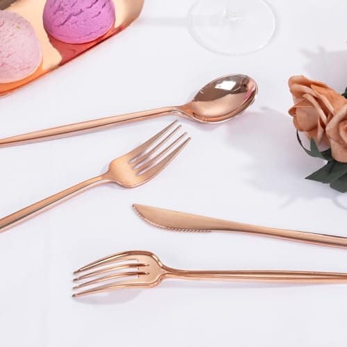 PULOTE 150PCS Rose Gold Plastic Silverware Set - Heavy Duty Rose Gold Utensils - Plastic Cutlery Disposable - Include 50 Forks, 50 Knives, 50 Spoons for Party, Mother's Day & Wedding view 4