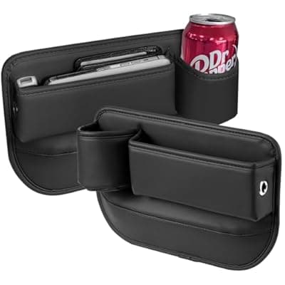 Car Seat Gap Filler Organizer with Cup Holder, Premium PU Leather Interior Accessories for Phone,Sunglasses,Keys, and Small Items, Universal Fit for Car, SUV and Truck,2-Packs Black