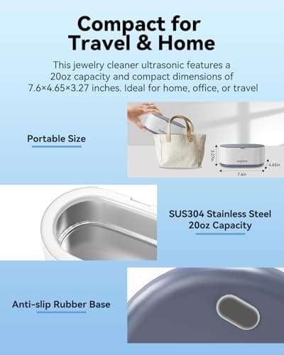 JeaTone Ultrasonic Jewelry Cleaner, 46KHz Professional Ultrasonic Cleaning Machine for Rings, Eyeglasses, Retainers, Dentures & Watches, 20oz Stainless Steel Sonic Jewelry Cleaner Pod view 5