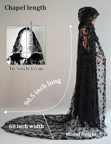 Black Lace Floral Tulle Cape with Hood, Long Halloween Witch Costume Cloak view 3