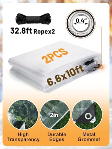 2Pcs 6.6x10ft Anti-Tear Clear Tarp Waterproof, 5 mil, Windproof & Snowproof | Clear Plastic Tarps with Grommets, Tarpaulin for Winter Garden Patio Enclosure Chicken Coop Window Shield view 4