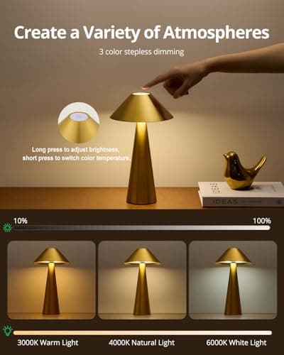 Bojim 2 Pack Rechargeable Cordless Table Lamp, Gold LED Battery Operated Wireless Table Lights, Touch for Color Changing Dimmable, IP54 Waterproof for Restaurant, Dining, Outdoor, Patio, Outside view 3