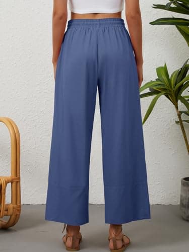 grewley Womens Linen Pants Cotton Boho Loose Palazzo Pants Wide Leg Long Lounge Trousers Drawstring with Pockets Beach view 4