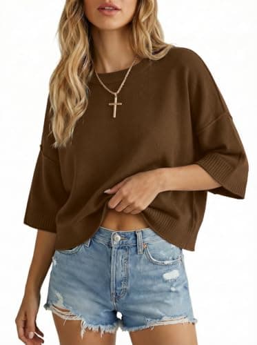 Sweater for Women Summer Short Sleeve Oversized Cropped Sweaters Casual Crewneck Lightweight Knit Tops view 5