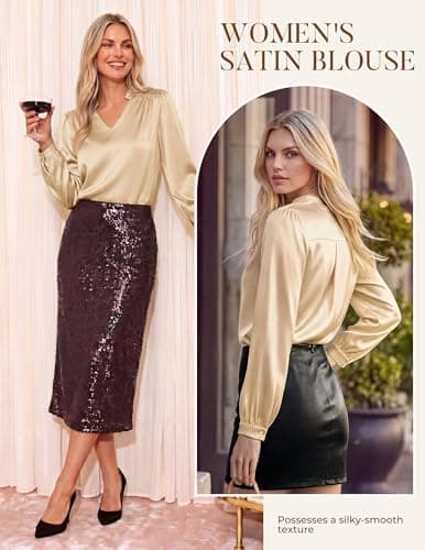 GRACE KARIN Womens Business Casual Tops, Long Sleeve Work Satin Blouses, Dressy V Neck Silk Shirts Fall Trendy Outfits Dark Green XL view 3