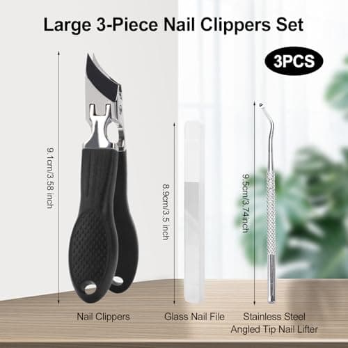 Eagle Beak Nail Clippers for Ingrown & Thick Nails – Beveled/Slanted/Angled Blades, Long Handle Wide Jaw, Anti-Splash Ultra Sharp Stainless Steel Edge 3-Piece Set for Men/Women (Black) view 2