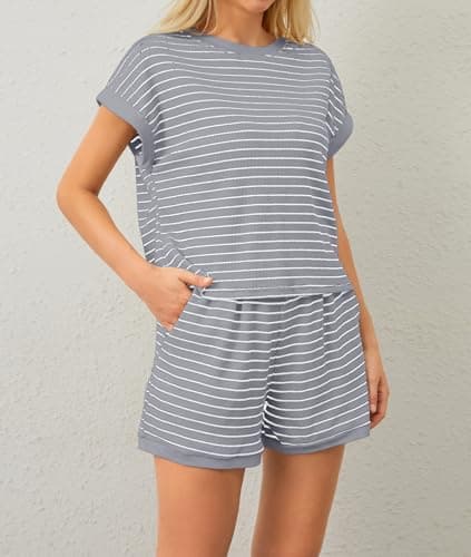 Burtell Women Summer 2 Piece Lounge Sets Striped Short Sleeve Tee Shirts Mini Shorts Loungewear Shorts Set Ribbed Pajama Set view 4