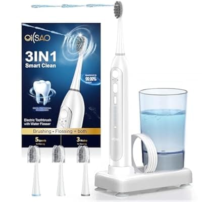 OILSAO Electric Toothbrush with Water Flosser Combo, All in One Sonic Flossing Tooth Brush,3 Modes/5 Floss Speeds,Compact Portable Detachable Handle & Cup,30-Day Battery,for Braces & Sensitive Teeth
