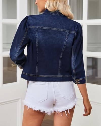 Vetinee Womens Jean Jacket Cropped Denim Jackets Stretchy 3/4 Puff Sleeve Distressed Shacket with Pockets view 2