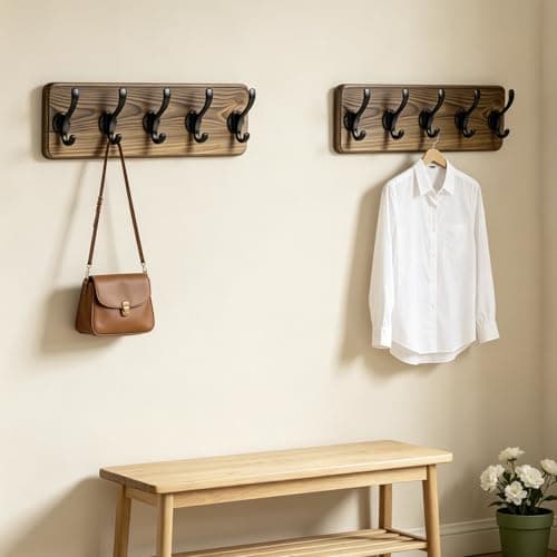 Dellicasi 17" Coat Rack Wall Mount, Rustic Wall Mounted Coat Rack, Pine Solid Wood Coat Hook Hanger with 5 Metal Hooks- Wall Coat for Hanging Clothes Key Robes Towels Coats view 3