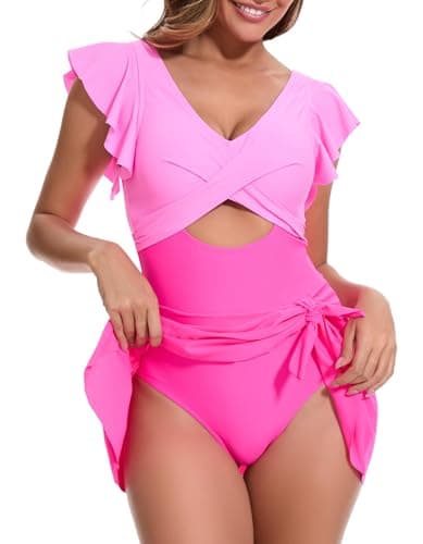MFAVIP Women One Piece Swim Dress Tummy Control Swimsuits V Neck Ruffle Bathing Suit Cutout Sexy Wrap Side Tie with Skirt view 3