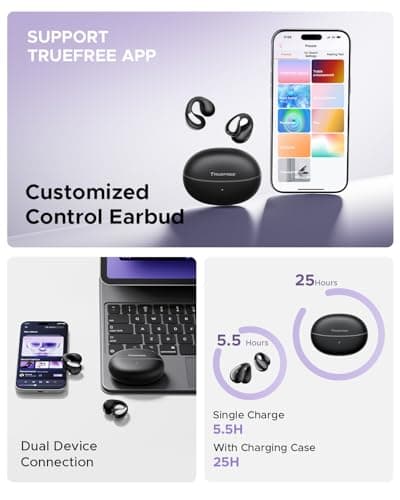 truefree B1 Open-Ear Wireless Earbuds, Bluetooth 5.4 Headphones with Spatial Audio, Ultra-Light Clip-On Fit, 25H Battery, Fast Charging, Multipoint Connection, App Customization, Workouts, Commute view 5
