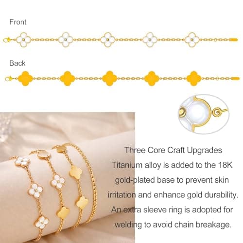 Gold Tone Clover Bracelet for Women, Adjustable Paperclip Chain Charm Bracelet, 5 Motifs (15mm), Stainless Steel Link Bracelet, Dainty Trendy Jewelry Gift view 5