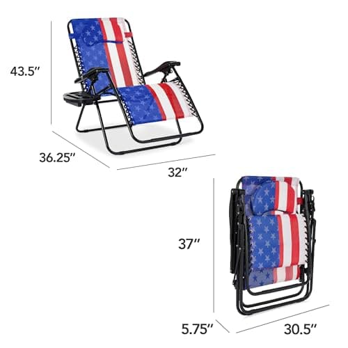 Best Choice Products Oversized Zero Gravity Chair, Folding Outdoor Patio Lounge Recliner w/Cup Holder Accessory Tray, Pillow - American Flag view 2