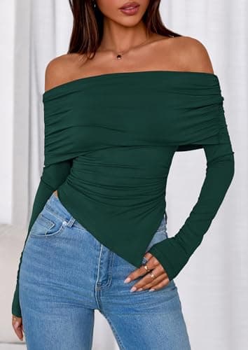 PRETTYGARDEN Women's Off The Shoulder Tops Spring Fashion 2026 Long Sleeve Shirts Going Out Slim Fitted Blouses Fall Clothes view 4