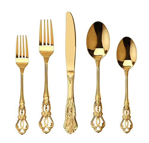 Runfly Gorgeous Retro Royal Gold Stainless Steel 20 Pieces Flatware Set, Golden Silverware Set, Anti-rust Stainless Steel Gold Cutlery Set Utensils Including Fork Spoon and Knife — image 1