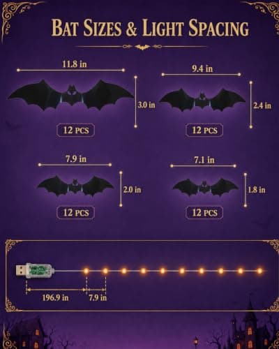 48PCS & 12 LED String Lights Halloween Bats Wall Decor,USB Powered Lighting view 2