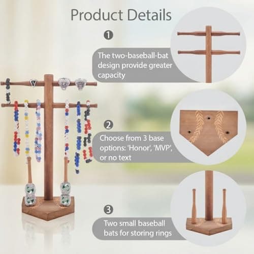 Eorakla NEW Wooden Baseball & Softball Championship Ring Holder with Drip Necklace Display – Sports Organizer Baseball Gifts for Jewelry & Awards(NO TEXT) view 3