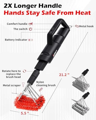 Electric Grill Brush – Long Handle, Innovative Reciprocating Motor Grill Cleaner (600/720 Strokes/min), Powerful Cleaning, 3 Interchangeable Brush Heads, Ideal BBQ Gift for Dads & Grill Lovers view 2