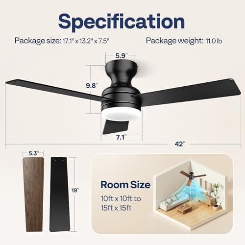 VIVOHOME Ceiling Fans with Lights, 42 inch Low Profile Ceiling Fan with Light and Remote, Flush Mount for Bedroom, Living Room, Garage, 6+1 Speeds, 3CCT, Dimmable, Timer, Quiet Reversible, Black view 2