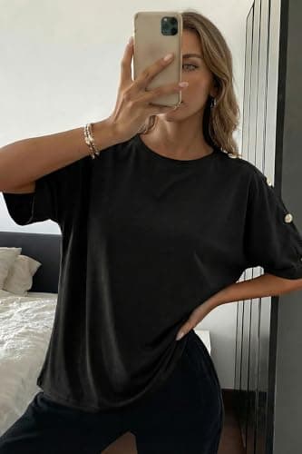 Dokotoo Women's Short Sleeve Tops Crew Neck Button Casual Summer Oversized T Shirts Blouses view 4