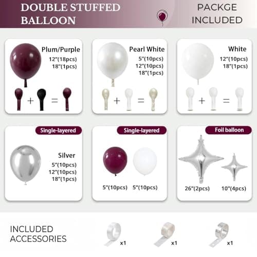 Double Stuffed Burgundy & Pearl White Balloon Arch Garland Kit, Dark Plum Purple Balloons with Silver Foil Stars for Mother's Day,Graduation,Wedding,Bridal,Baby Shower,Birthday Party view 4