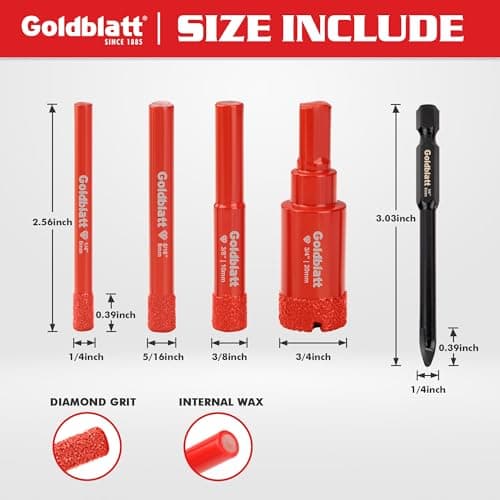 Goldblatt Diamond Drill Bits for Tile, 5 Pcs Set 1/4", 5/16", 3/8", 3/4" Drill Holesaw and 6mm Carbide Drill, Quick Fit Hex Shank for Ceramic, Porcelain, Marble, Granite (not for Wood) view 2